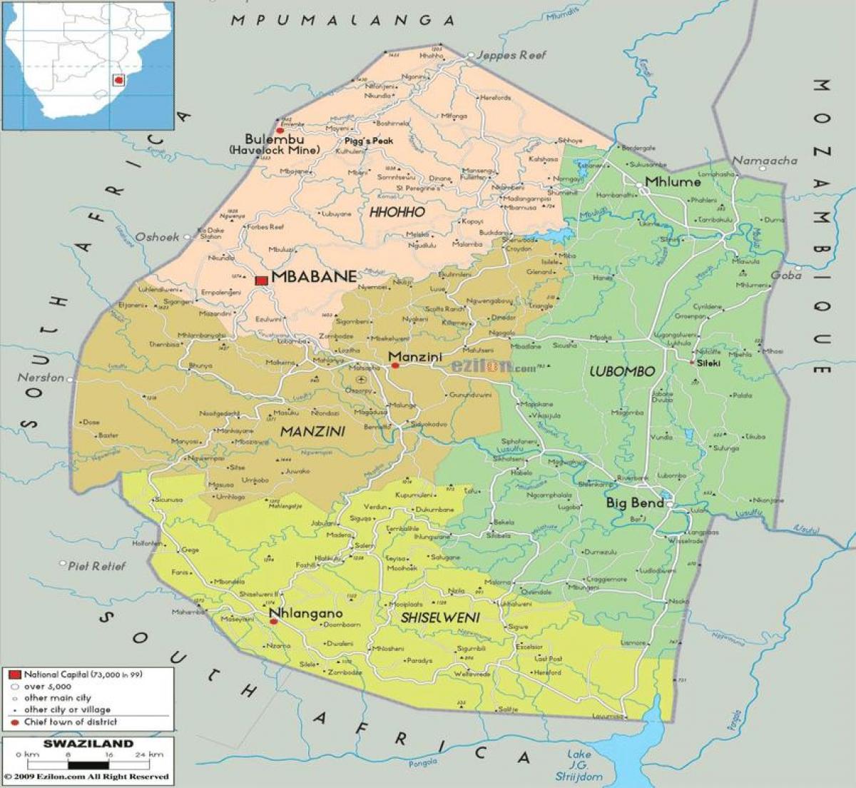 Mapa de Suacilandia rexións