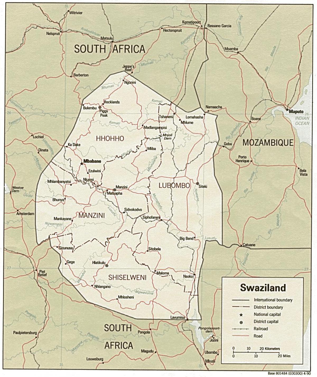 mapa de Suacilandia mostrando fronteira mensaxes